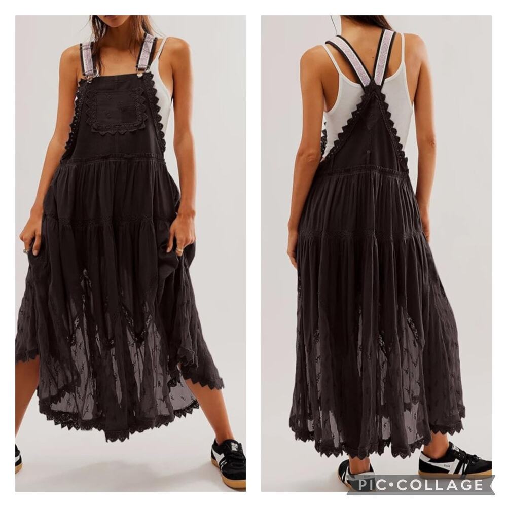 Chocolate Brown Western Lace Boho Overall Dress Size Large